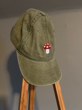 Mighty Fine Olive Green Baseball Cap with Red Mushroom